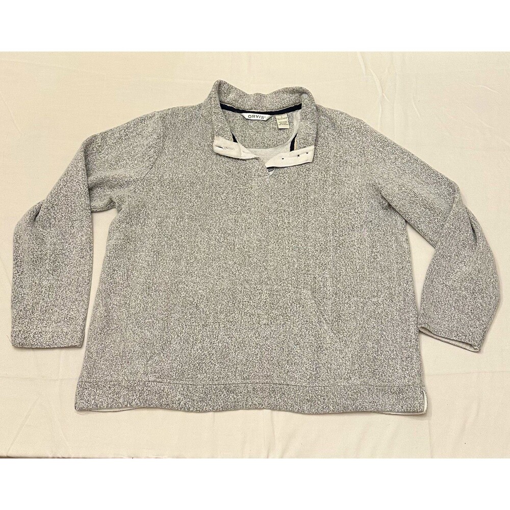 Orvis Mens Gray Heathered Knit 1/4 Button Pullover Sweater Kangaroo Pocket